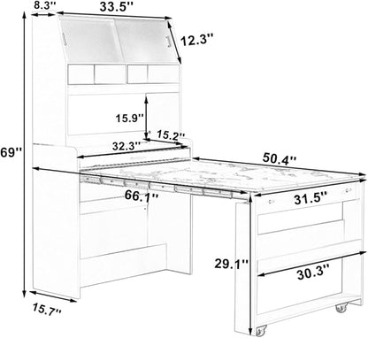 Compact Buffet with Hutch and Foldable Dining Table, Multifunctional Cupboard with Storage Shelf and Side Hooks, 2-in-1 Buffet for Small Places, Studio, Apartment