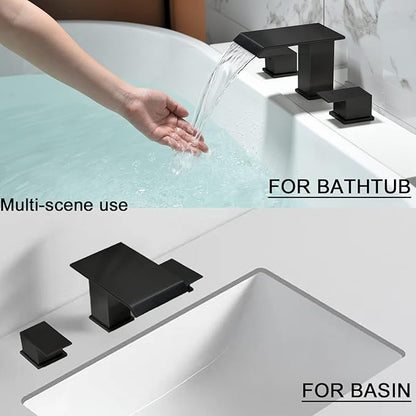 Matte Black Roman Tub Faucet, Deck Mount Bath Tub Faucet Set 3 Hole Waterfall Bathtub Faucet High Flow Garden Tub Filler