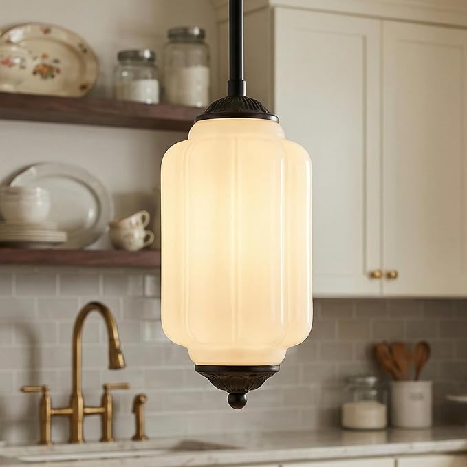 Farmhouse Pumpkin Pendant Light Vintage Milk Glass Shade, Brass Color Adjustable Canopy, Retro Industrial Glass Ceiling Light Fixture for Dining Room, Entryway，Kitchen Island (Black White)