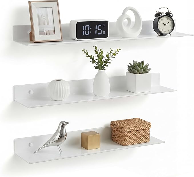 Z metnal White Wall Shelves, Small Corner Floating Bathroom Shelf, Lack Slim Metal Decor Display Modern Long Shelves for Action Figure Collection, Wall Mounted, Rustic, 16 x 5 inch, 2 Pack