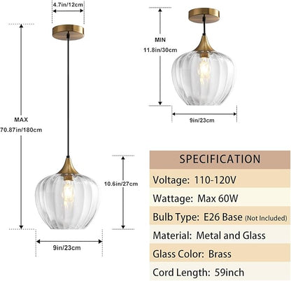 Clear Glass Pendant Lights Kitchen Island, 9" Round Lampshade Vintage Hanging Lamp Ceiling Lighting Fixtures, Gold Modern Chandelier for Dining Room Restaurant Bedroom Foyer Entryway