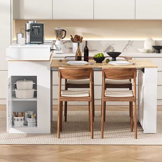 Modern Extendable Dining Table with Folding Tabletop, Kitchen Island with Built-in Outlet & Wheels, Sideboard Buffet Cabinet with Drawers for Dining Room