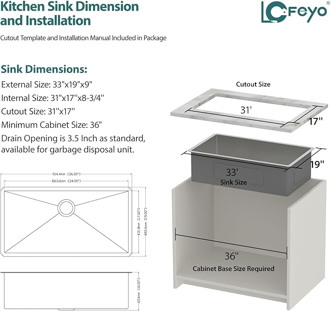 33 inch Undermount Kitchen Sink 16 Guage 304 Stainless Steel Single Bowl Moden Handmade Under Counter Large Kitchen Sinks 33"X19"