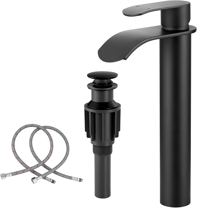 Vessel Sink Faucet Black for Bathroom：WOWOW Single Handle Tall Bathroom Faucet - Waterfall Single Hole Mixer Bar Tap with Large Rectangular Spout, Deck Mount Lavatory Vanity with Pop Up Drain