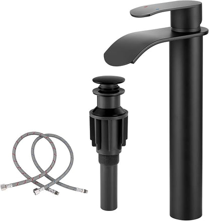 Vessel Sink Faucet Black for Bathroom：WOWOW Single Handle Tall Bathroom Faucet - Waterfall Single Hole Mixer Bar Tap with Large Rectangular Spout, Deck Mount Lavatory Vanity with Pop Up Drain