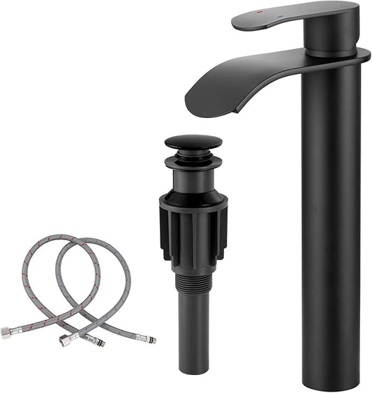 Vessel Sink Faucet Black for Bathroom：WOWOW Single Handle Tall Bathroom Faucet - Waterfall Single Hole Mixer Bar Tap with Large Rectangular Spout, Deck Mount Lavatory Vanity with Pop Up Drain