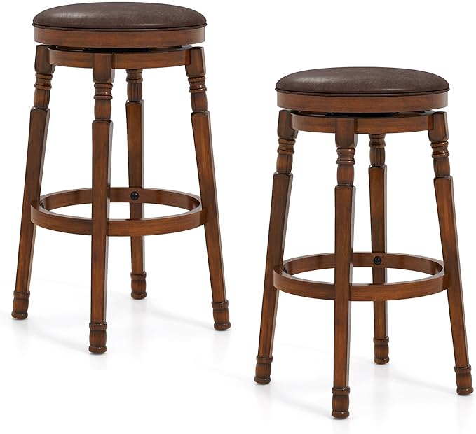 Giantex Swivel Bar Stools Set of 2, 29" Bar Height Bar Stools w/Faux Leather Padded Seat, Footrests, Solid Wooden Frame, Farmhouse Backless Barstools for Kitchen Island, Pub, Dining Room, Cafe
