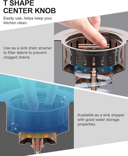 BOTEMY B9171 Copper Kitchen Sink Drain Kit 3 1/2 Sink Strainer for Kitchen Sink with Stainless Steel Strainer Stopper Drain Assembly Basket Strainer Fit Standard Sink Drain Hole(Antique Copper)