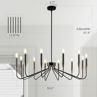 Black Chandelier 38'' Modern Farmhouse Candle Light Fixture 12-Light Large Black and Gold Dining Room Chandleiers High Ceiling Hanging Living Room Lighting Entryway Kitchen Island
