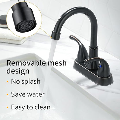 Oil Rubbed Bronze Bathroom Sink Faucet 4 Inch Faucet 2 Handle with Pop-up Drain Stopper and Supply Hoses(Set of 2)