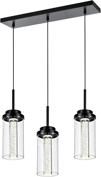 MELUCEE Dimmable LED Pendant Light 3-Light Linear Dining Room Light Fixture Over Table Black Chandelier, 3000K-6000K Adjustable Color Temperature Island Lights with Clear Glass Shade