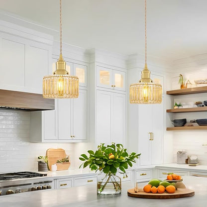 Vintage Pendant Light with Amber Striped Glass Lmapshade, Gold Pendant Lights Kitchen Island, Brass Kitchen Pendant Lighting over Island, Adjustable Hanging Light for Entrance Bathroom Dining Room