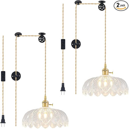 2 Pack Plug in Pendant Light Fixtures, Hanging Light Fixture Glass Pendant Light, Vintage Transparent Hanging Lamp, Pendant Lighting for Kitchen Island, Bedroom, Dining Room, Living Room