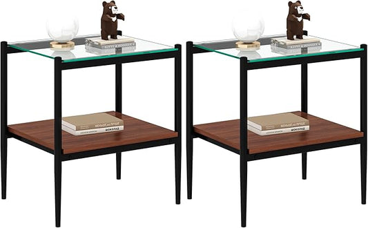 Set of 2 Glass End Table, 2-Layer Glass Living Room Table, Modern Tea Table Side Tables for Home Office Furniture