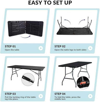 Folding Table 6ft Foldable Table with Built in Handle & Steel Legs / 6FT Heavy Duty Folding Portable,Perfect for Party, Dining Indoor/Outdoor Events, Tailgating & Backyard BBQ, Black