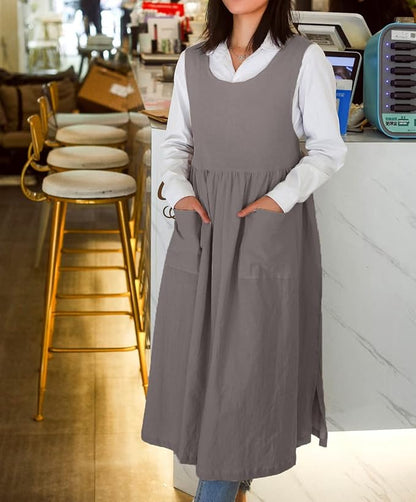 Women Plus Size Cotton Linen Vintage Pleated Split Apron Pinafore Dress with Two Pockets