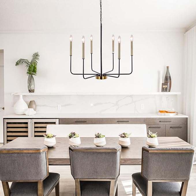 Modern Farmhouse Chandelier for Dining Room, 6 Lights Chandelier Light Fixture Adjustable Height, Black and Gold Hanging Candle Pendant Lighting for Kitchen Island Living Room Bedroom Foyer