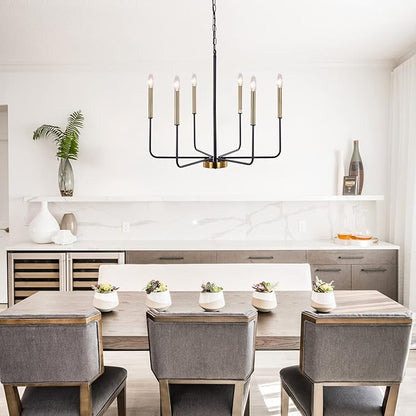 Modern Farmhouse Chandelier for Dining Room, 6 Lights Chandelier Light Fixture Adjustable Height, Black and Gold Hanging Candle Pendant Lighting for Kitchen Island Living Room Bedroom Foyer