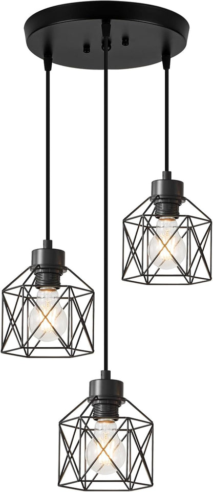 3-Light Pendant Light Fixtures, Farmhouse Hanging Pendant Lighting, Dining Room Chandelier, Industrial Kitchen Island Hanging Light Fixture, Black Metal Cage Pendant Ceiling Lamp for Kitchen