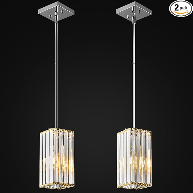 Modern Pendant Light Chrome Rectangle Pendant Lighting Mini Crystal Chandeliers Adjustable Pendant Light Fixture for Kitchen Island Dinning Room Living Room Corridor Bedroom(Chrome 2-Pack)