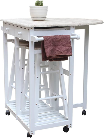 WEI WEI GLOBAL White Foldable Kitchen Island Cart on Wheels with 2 Stools - Collapsible Semicircle Desk with with Chairs, PVC Surface & Drawers