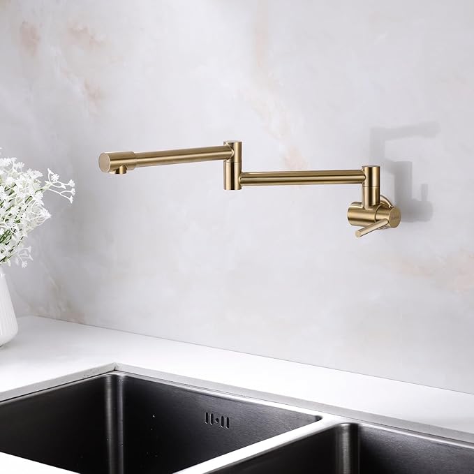 Avola Gold Pot Filler Faucet Wall Mount, Pot Filler Kitchen Faucet 360 Swing Arm Folding Stretchable with Single Hole Faucet,Brushed Gold Finish