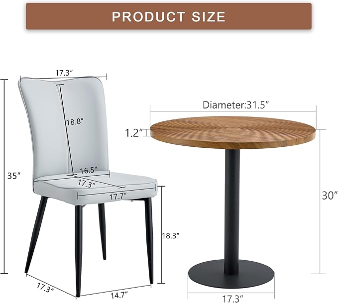 Round Dining Table Set with 2 Light Gray PU Chairs, 31.5 Inch Dark Wood Grain Table with Suction Molding Annular Texture and Vertical Stripe Design, Versatile for Home and Office Use