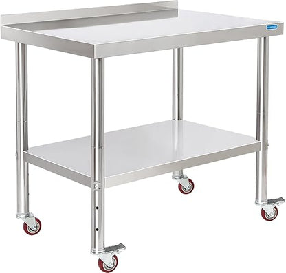 KUARBARR Stainless Steel Table for Prep & Work with 4 Caster Wheels with Backsplash 24 x 36 NSF Metal Commercial Kitchen Adjustable Under Shelf Worktable for Restaurant Home Outdoor
