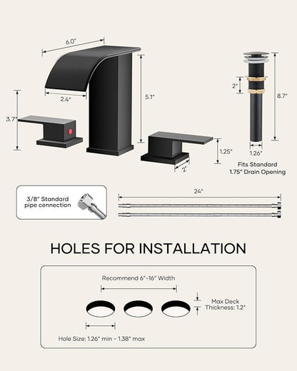 AVSIILE Matte Black Waterfall Bathroom Faucet 3 Hole, 8 Inch Widespread Modern 3 Piece Bathroom Sink Faucet, Touch On Lavatory Faucet for Vanity RV Restroom, Curved Spout