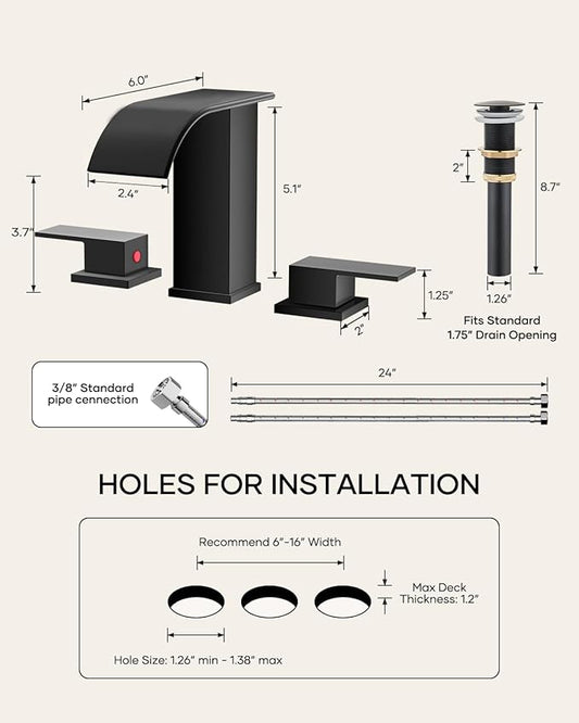 AVSIILE Matte Black Waterfall Bathroom Faucet 3 Hole, 8 Inch Widespread Modern 3 Piece Bathroom Sink Faucet, Touch On Lavatory Faucet for Vanity RV Restroom, Curved Spout
