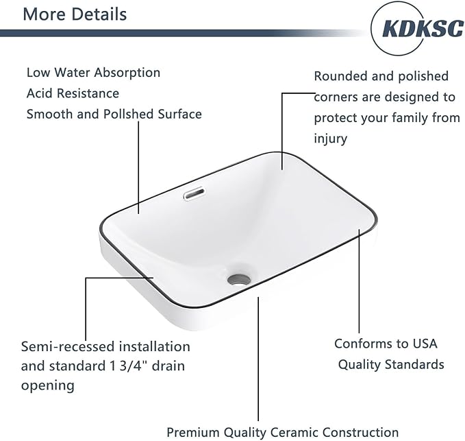 Bathroom Vessel Sink 18.2'' x 13.3'' Small Semi Recessed Bathroom Sink Rectangular Drop In Sink with Overflow White with Black Trim Ceramic Modern Vessel Sinks for Bathroom