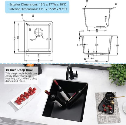 15 Inch Black Bar Sink Undermount-VASOYO 15x17 Small Kitchen Sink Black Quartz Undermount Outdoor Rv Sinks Deep Single Bowl Wet Bar Sinks Small Bowl with Bottom Grid