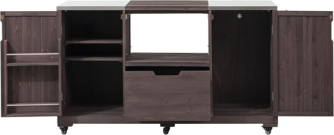 YOPTO Versatile 66.5" Outdoor Grill Cart for Big Green Egg,100% Fir Wood,Stainless Steel Top,Ample Storage,Weatherproof,6 Lockable Wheels,Dark Brown