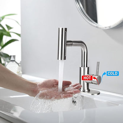 Bathroom Sink Faucet with 4 Mode Pull Down Sprayer, Brushed Nickel Single Handle Pull Out Faucet with Pop-Up Drain, 1 or 3 Hole Laundry Bar Basin Faucet with Deck Plate