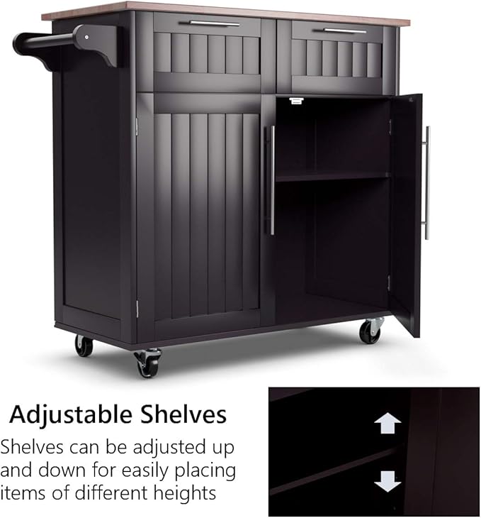 Giantex Kitchen Island Cart, Rolling Island Table with Rubber Wood Tabletop, 2 Drawers, Storage Cabinet & Towel Rack, Bar Kitchen Cart On Wheels for Dining Room (Brown)