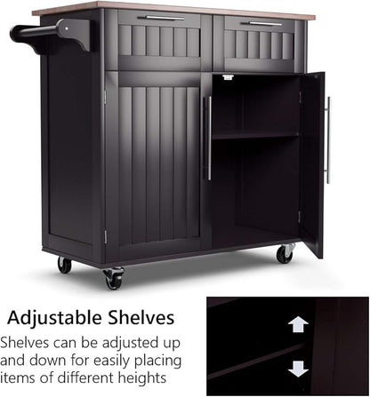 Giantex Kitchen Island Cart, Rolling Island Table with Rubber Wood Tabletop, 2 Drawers, Storage Cabinet & Towel Rack, Bar Kitchen Cart On Wheels for Dining Room (Brown)