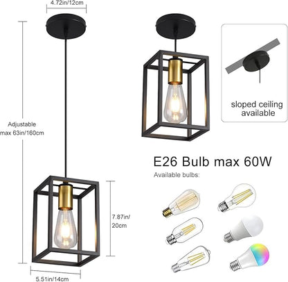 Black Pendant Lights for Kitchen Island Industrial Lantern Pendant Light Fixtures with Golden lamp Cup, Farmhouse Adjustable Height Hanging Pendant Lighting