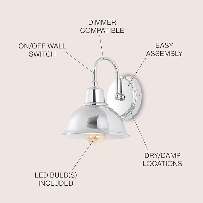 JONATHAN Y 8" Chrome Farmhouse Industrial 1-Light LED Vanity Wall Sconce for Bathroom Mirror Kitchen, Metal Shade, Dimmable Vintage Lighting, LED Bulb Included JYL7481A