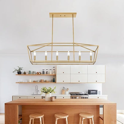 Modern Kitchen Island Lighting,6-Light Linear Farmhouse Chandelier Industrial Pendant Light Fixtures with Gold Metal Frame for Bar, Dining Room, Living Room,Restaurant,Foyer