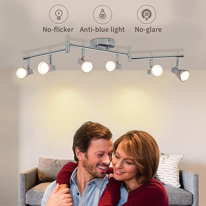 DLLT Modern LED Track Lighting Kit-6 Lights Adjustable Decorative Track Light Fixture, 6 Way Flush Mount Ceiling or Wall Spotlight for Kitchen, Dining Room, Hallway, Bedroom, Warm Light, Silver
