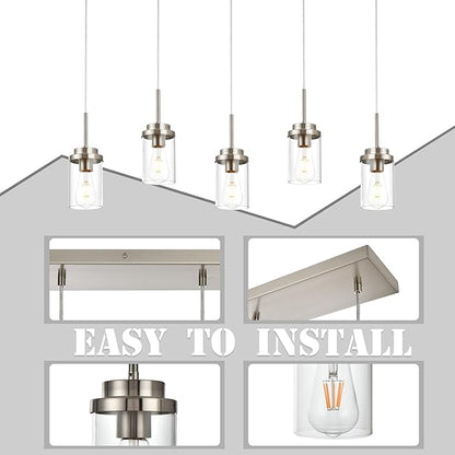 MELUCEE 5 Lights Kitchen Island Lighting Modern Linear Chandeliers for Dining Room, Industrial Brushed Nickel Pendant Light Fixtures Ceiling Hanging with Clear Glass Shade, 37.0 Inches Length