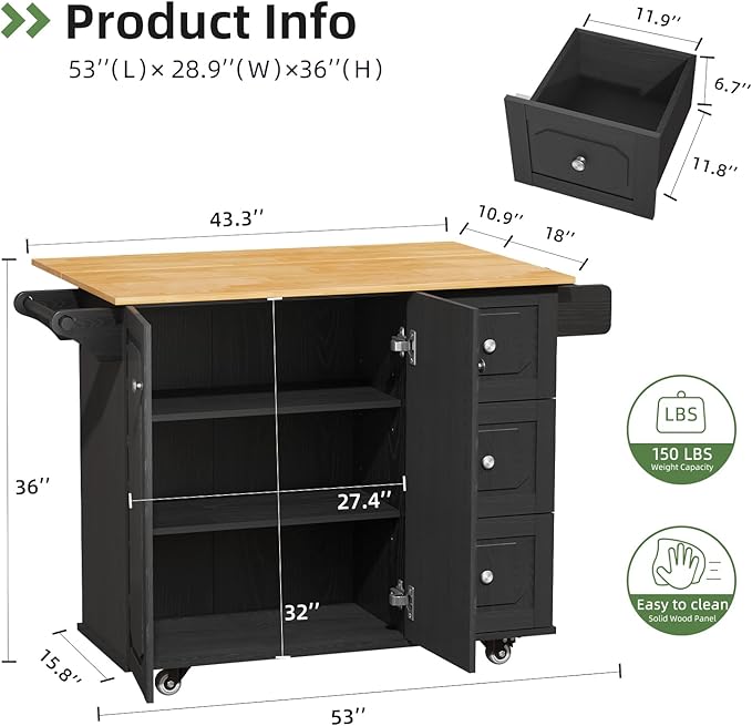 Rolling Kitchen Island Cart with Drop Leaf, Portable Kitchen Trolley with Storage Cabinet, Drawer, Shelf and Towel Bar, Breakfast Bar on Wheels for Home Use, Sleek Black