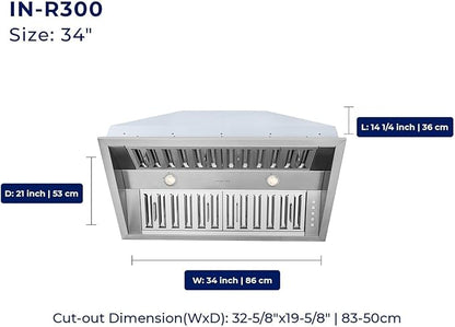 Hauslane Range Hood Insert 34 Inch - Stainless Steel Built-In Vent with 800 CFM Suction, Quiet Operation, LED Lights, 3-Speed Fan, 21" Deep, Ducted/Ductless Convertible for Insert Mount
