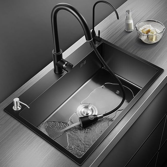 ARTLINE Black Kitchen Sink, Stainless Steel Single Bowl Sink, Drop In/Topmount Workstation Sink with Sliding Accessories, Farmhouse Workstation sink with Multiple Accessories (28.3 x 17.7in), RXZE031