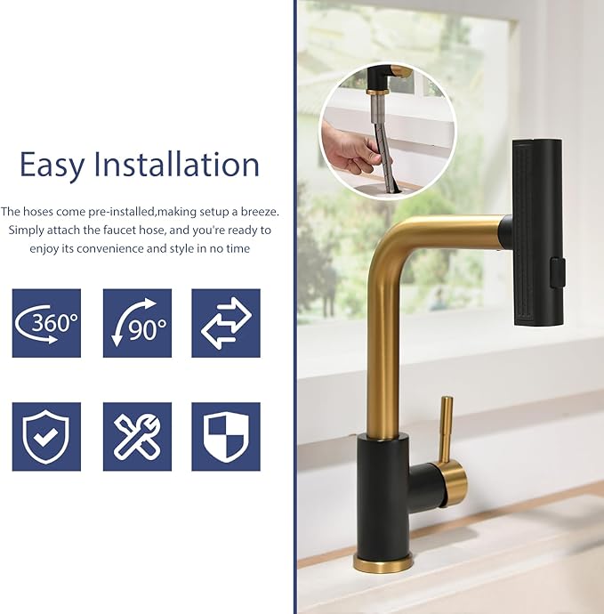 CENOSA Kitchen Faucet with Pull Down Sprayer Waterfall Single Hole Kitchen Sink Faucet Stainless Steel Modern Kitchen Faucets Black and Gold