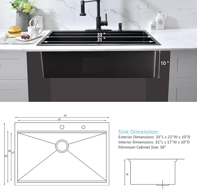 33 Black Drop In Kitchen Sink Workstation-Bokaiya 33x22 Drop In Sink Black Stainless Steel 16 Gauge 10 Inch Top Mount Workstation Sink with Cutting Board, Easy Install and Water Drain Fast