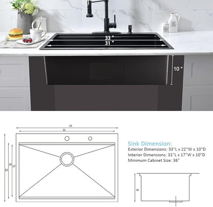 33 Black Drop In Kitchen Sink Workstation-Bokaiya 33x22 Drop In Sink Black Stainless Steel 16 Gauge 10 Inch Top Mount Workstation Sink with Cutting Board, Easy Install and Water Drain Fast