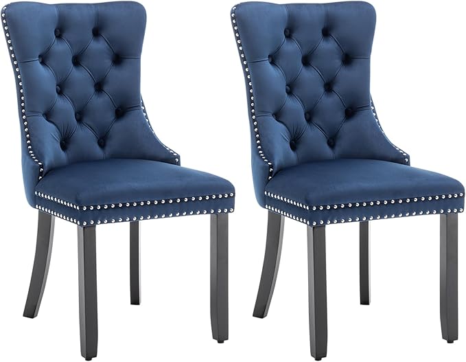 Eifizek Velvet Dining Chairs Set of 2, Tufted Dining Room Chairs with Nailhead Ring Pull Trim, Upholstered Dining Chairs with Solid Wood Legs for Kitchen Dining Room (Blue)