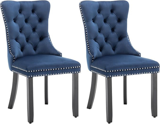 Eifizek Velvet Dining Chairs Set of 2, Tufted Dining Room Chairs with Nailhead Ring Pull Trim, Upholstered Dining Chairs with Solid Wood Legs for Kitchen Dining Room (Blue)