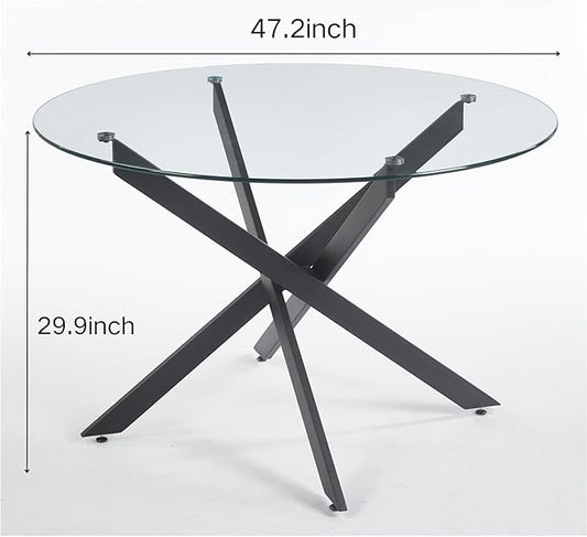 Henf 47.24" Round Dining Table with Black Metal Legs, Glass Kitchen Table for 4-6 People, Round Glass Dining Room Table for Small Space, Easy Assembly Circular Side Desk
